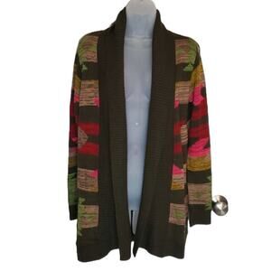 O'Neil Aztec Print Olive Pink Red Tan Open Front Cardigan SZ M